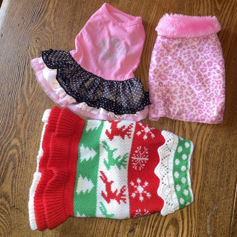 Pet Clothes Size Small‎ Three Pieces Holiday Sweater, Tank Dress & Warm Vest